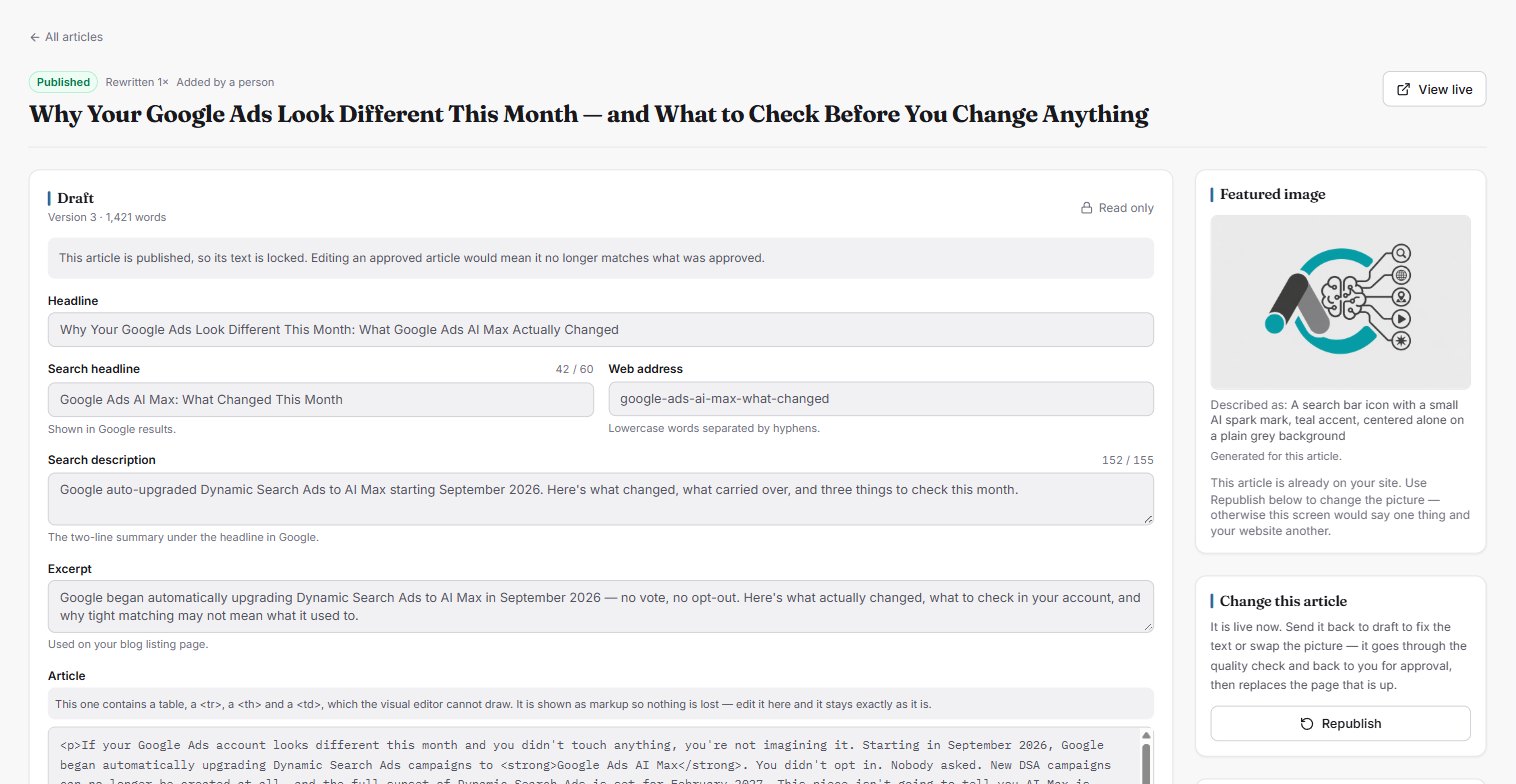 A published article in Cadence, 1,421 words, with its headline, search headline, web address and search description filled in, the featured image made for it, and a note that the text is locked because it matches what was approved.