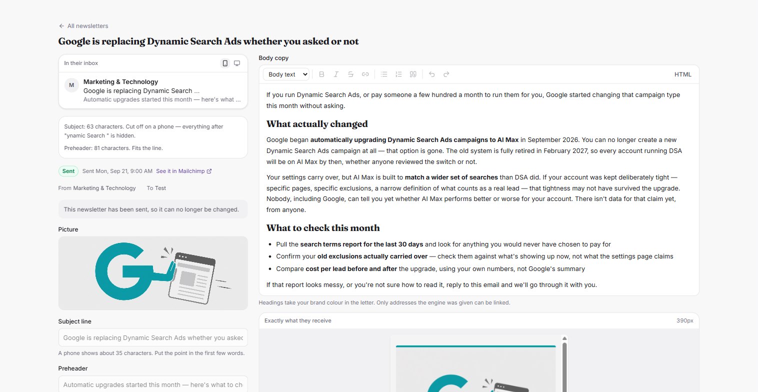 A newsletter in Cadence titled &ldquo;Google is replacing Dynamic Search Ads whether you asked or not&rdquo;. On the left, how it looks in an inbox, a warning that the subject line is cut off on a phone, the picture made for it, and a Sent label. On the right, the formatted letter with headings and a checklist of three things to check this month.